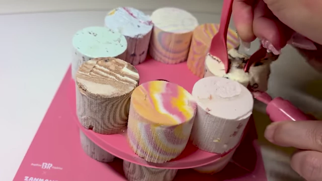 Bottom tier of the Baskin-Robbins ice cream cake with distinct flavors