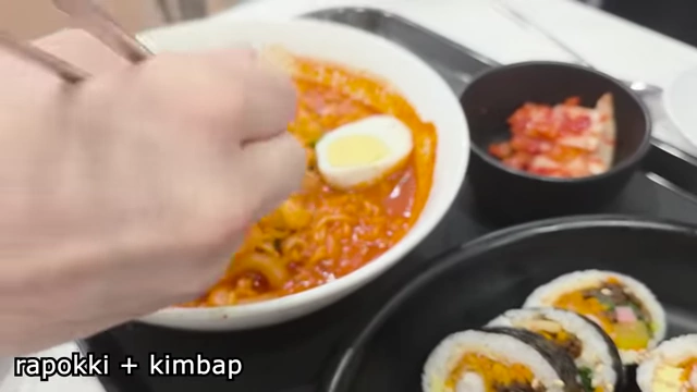 Rapokki (tteokbokki with ramen noodles) and fried shrimp kimbap