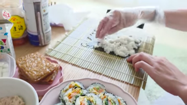 Preparing homemade kimbap