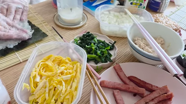 Various ingredients laid out for making homemade kimbap