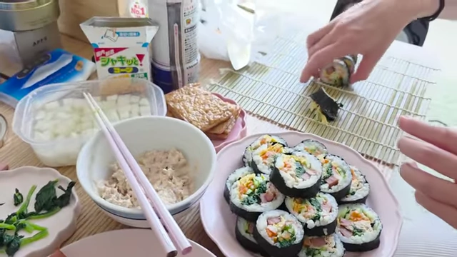 Plates of freshly made homemade kimbap