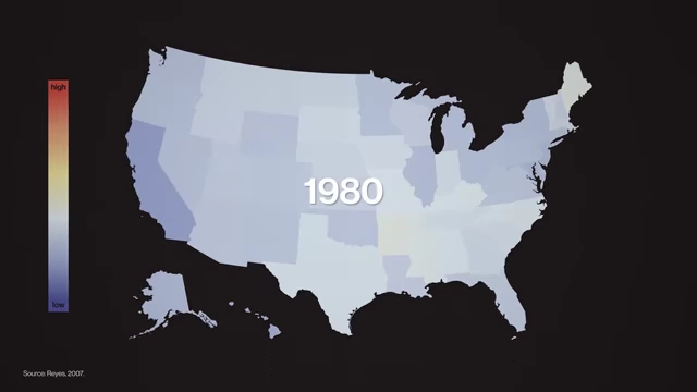 A heatmap of the US showing varying levels of lead reduction across states in 1980, used for state-by-state analysis.