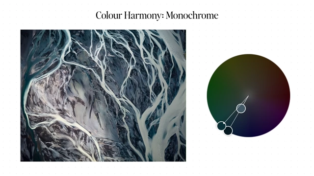 A monochromatic image of an abstract river pattern with the color wheel showing a single color selection.
