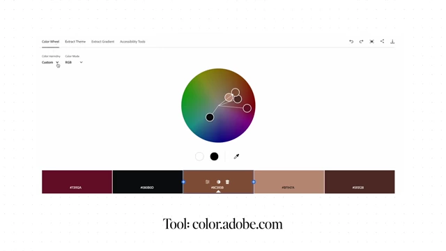 A screenshot of the Adobe Color tool, used for exploring and creating color harmonies.