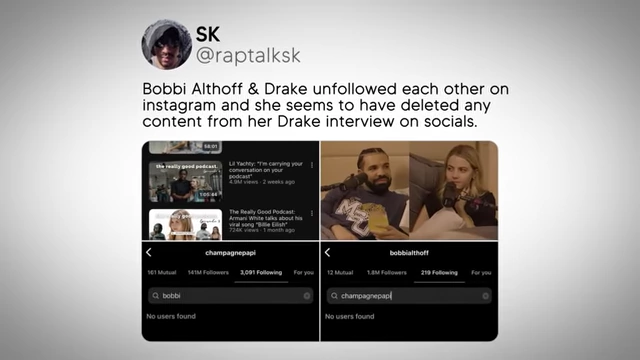 Twitter post showing Bobbi Althoff and Drake unfollowing each other and the interview content being deleted.
