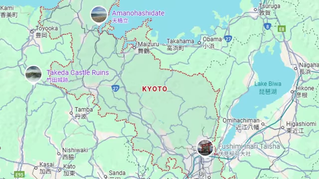 Map of Kyoto highlighting popular tourist spots such as Amanohashidate, Takeda Castle Ruins, and Fushimi Inari Taisha.