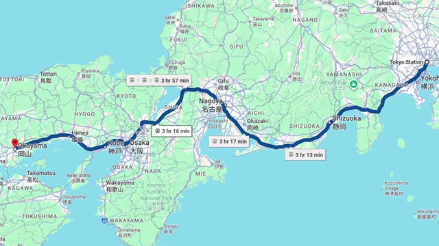Train route map from Tokyo Station to Okayama, highlighting travel times.