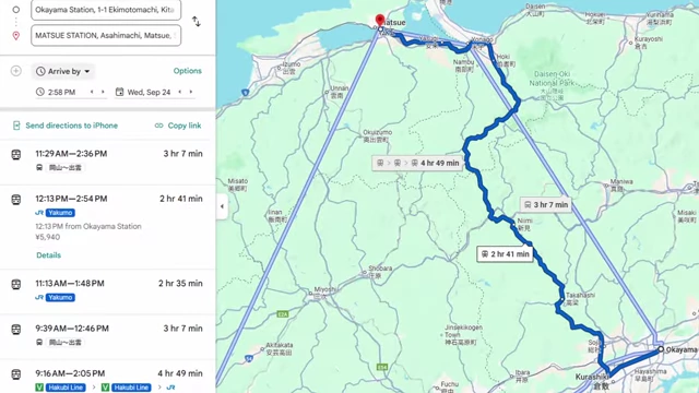 A Google Maps route displaying train travel options and times from Okayama Station to Matsue Station in Shimane.