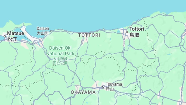 Map of Okayama, Tottori, and Shimane Prefectures.