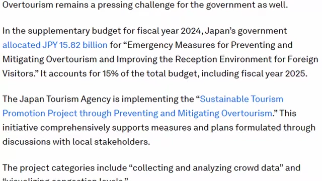 Government allocated JPY 15.82 billion for emergency measures to prevent and mitigate overtourism and improve the environment for foreign visitors.