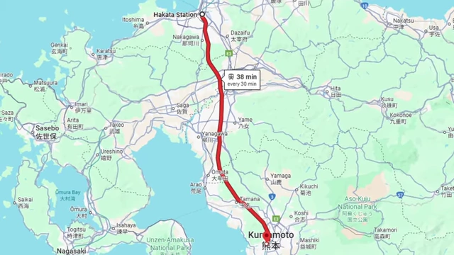 Map showing train route from Hakata Station (Fukuoka) to Kumamoto, with a travel time of 38 minutes.