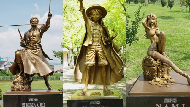 Statues of One Piece characters Roronoa Zoro, Monkey D. Luffy, and Nami in Kumamoto.