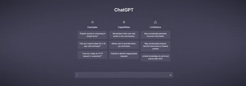 Screenshot of ChatGPT's interface, outlining its examples, capabilities, and limitations