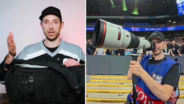 A photographer using the large Sony 400mm F2.8 GM OSS lens at a stadium