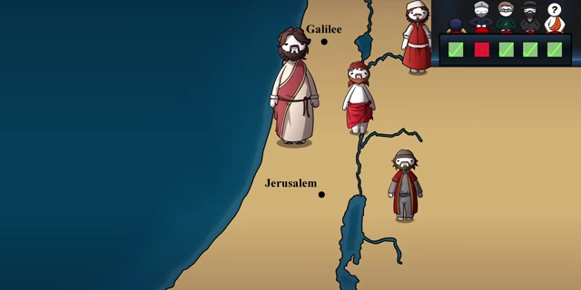 Map showing Jesus's journey along the Galilee and toward Jerusalem, gathering disciples.