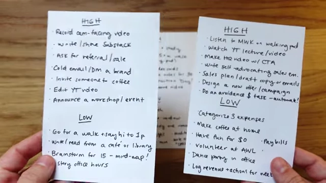 Detailed action menus for 'High' and 'Low' energy days, listing various tasks.