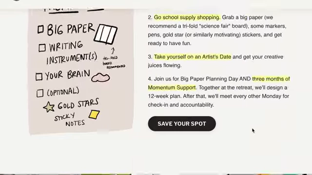 A checklist of essential and optional materials for Big Paper Planning Day, including a trifold board and gold stars.