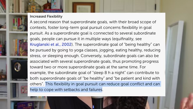 Description of how increased flexibility in goal pursuit reduces conflict and helps cope with setbacks.