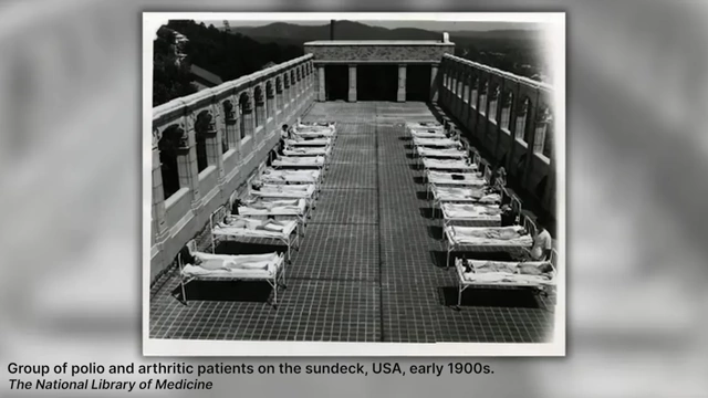 Old hospital veranda with patient beds for sunlight exposure