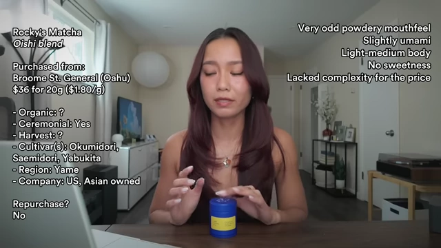 Michelle reviewing Rocky's Matcha Oishi blend with on-screen details
