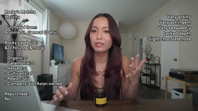 Michelle reviewing Rocky's Matcha Hojicha with on-screen details