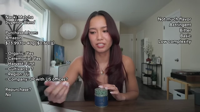 Michelle reviewing Naoki Matcha Superior Blend with on-screen details