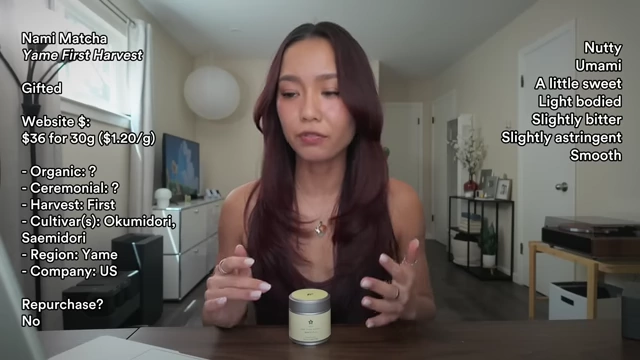 Michelle reviewing Nami Matcha Yame First Harvest with on-screen details
