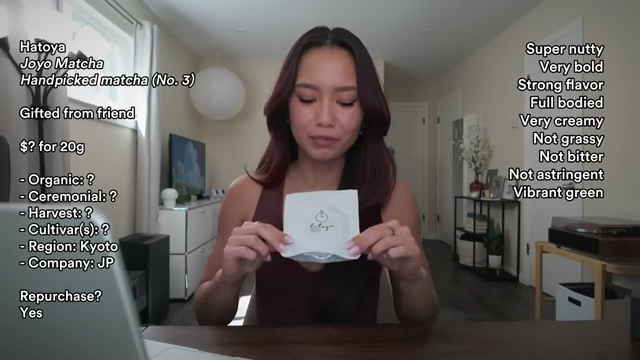 Michelle reviewing Hatoya Joyo Matcha (No. 3) with on-screen details