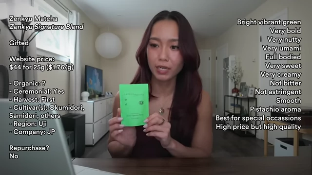 Michelle reviewing Zenkyu Matcha Zenkyu Signature Blend with on-screen details and powder color