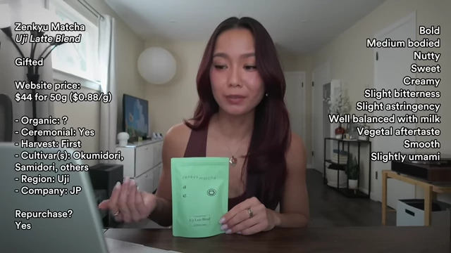Michelle reviewing Zenkyu Matcha Uji Latte Blend with on-screen details