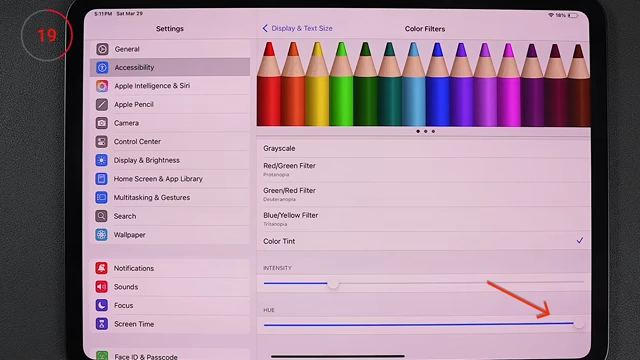 Color Filters settings with Hue slider adjusted for warmer display tint