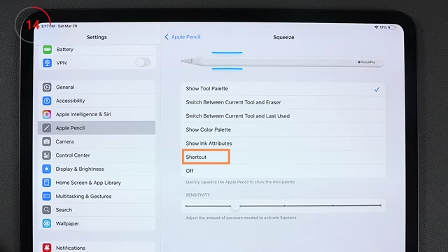 Apple Pencil settings with the 'Squeeze' gesture mapped to a custom Shortcut