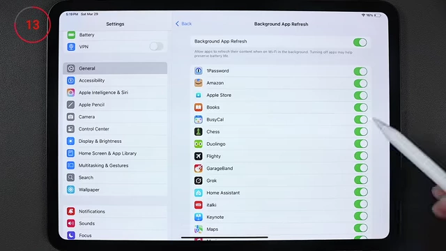 Background App Refresh settings with most apps toggled off to save battery