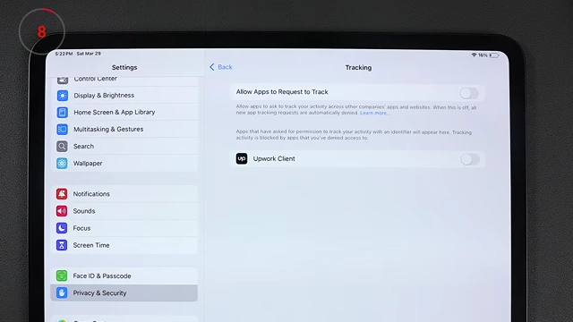 Privacy & Security settings with 'Allow Apps to Request to Track' disabled