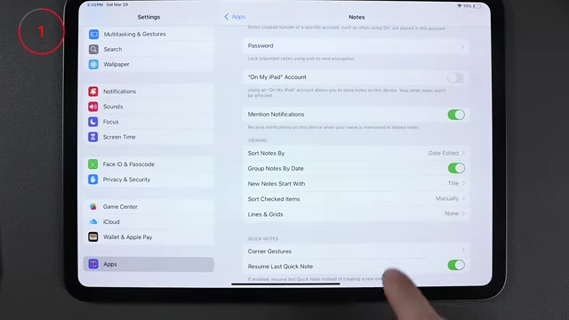 Notes settings showing 'Access Notes from Lock Screen' toggle disabled