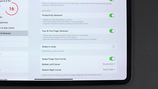 Multitasking & Gestures settings showing 'Swipe Finger from Corner' enabled