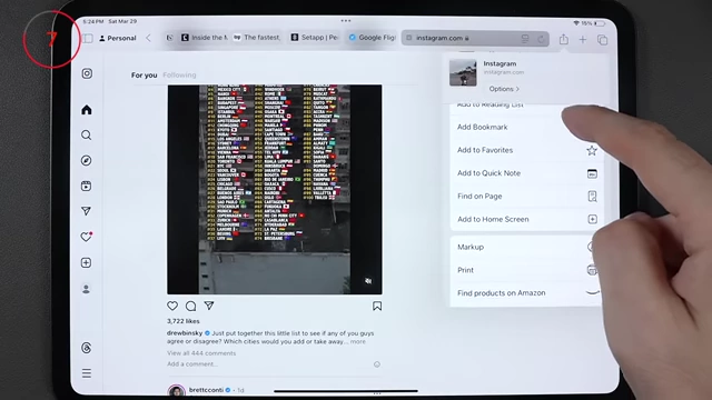 Instagram website open in Safari with the 'Add to Home Screen' option visible