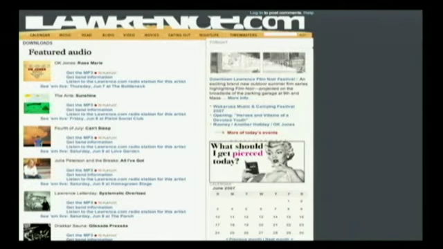 The Lawrence.com "Featured Audio" page, linking local band MP3s to their gig schedules.