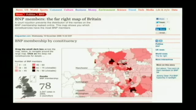A choropleth map showing the distribution of British National Party membership across UK parliamentary constituencies.