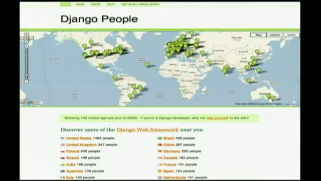 A global map showing the locations of Django community members on the Django People website.
