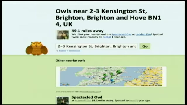 The "Owls Near You" website, showing the nearest owl sighting based on geographic location.
