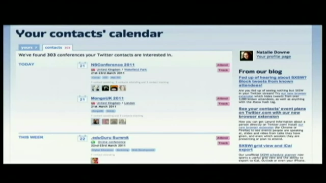 Lanyard's "Your contacts' calendar" feature, displaying conferences and events of interest to Twitter contacts.