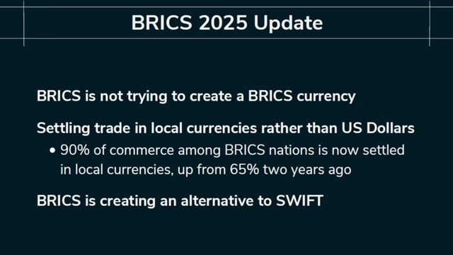 BRICS 2025 Update highlights their strategy to settle trade in local currencies and create SWIFT alternatives.