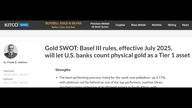 An article detailing how Basel III rules classify physical gold as a Tier 1 asset for U.S. banks.