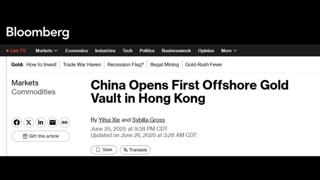 An article announcing China has opened its first offshore gold vault in Hong Kong.