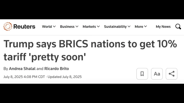 A Reuters article reporting Trump's statement on upcoming BRICS tariffs.