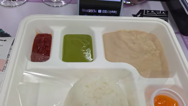 A rectangular segmented plate containing rice, various colored sauces/pastes, and chicken breast, resembling institutional food from Alien Stage.