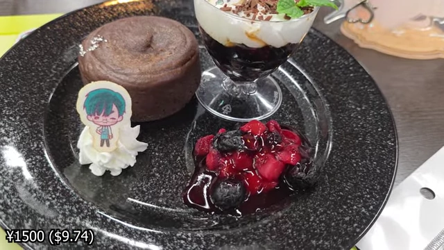 A dessert plate featuring a gooey chocolate cake, coffee jelly parfait, and mixed berries, with an anime character cutout.