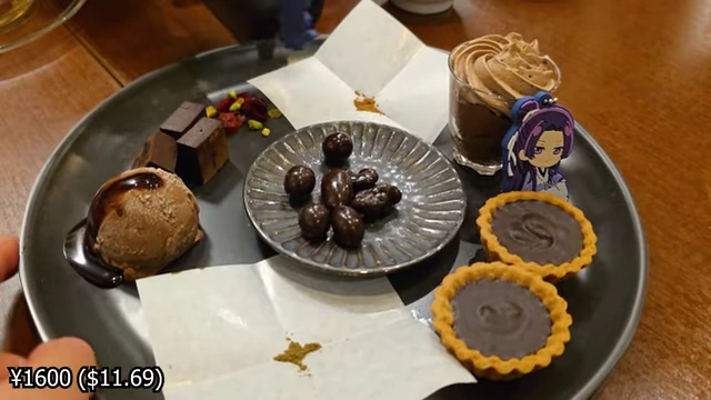 A plate with various chocolate desserts, including ice cream, tarts, and chocolate-covered nuts.