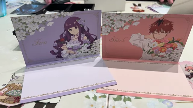 Two postcards featuring Fern and Stark in floral formal wear.